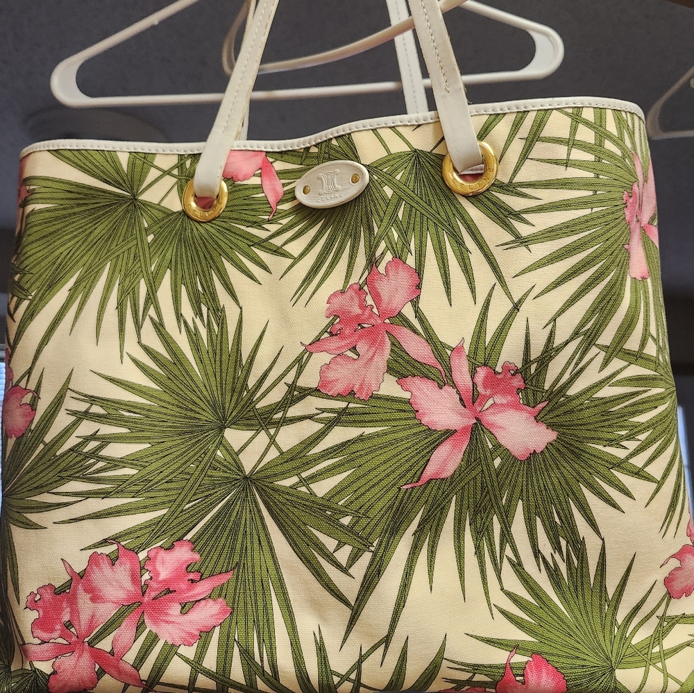 🌺Sale Celine Cabas rare Hibiscus Beach tote in canvas w orchid palm 🌴 leaves - Picture 11 of 11